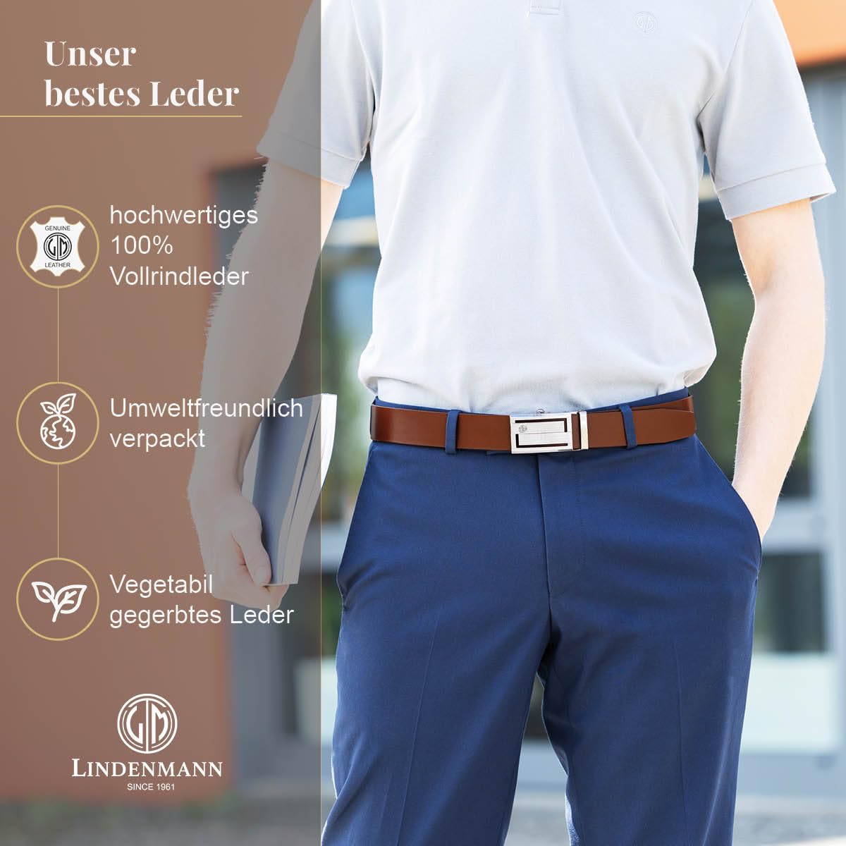 LINDENMANN Gürtel Herren – Cognac Rindsleder Automatikschließe