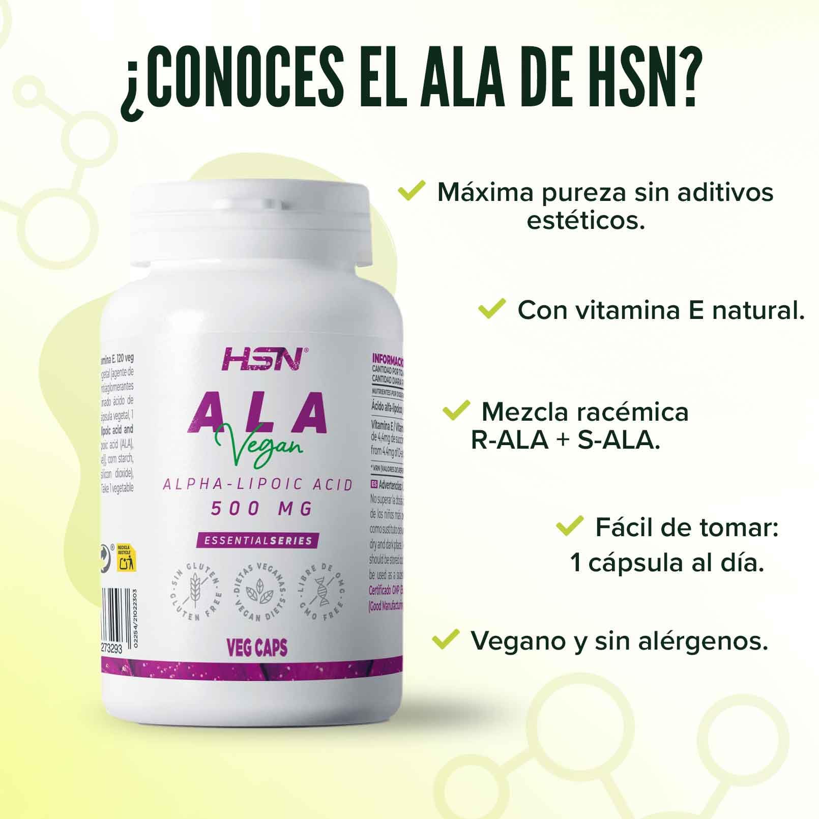 ALA 500 mg di HSN | 120 Capsule Vegetali di Puro Acido Tiottico | Con Vitamina E Naturale | No OGM, Vegano, Senza Glutine