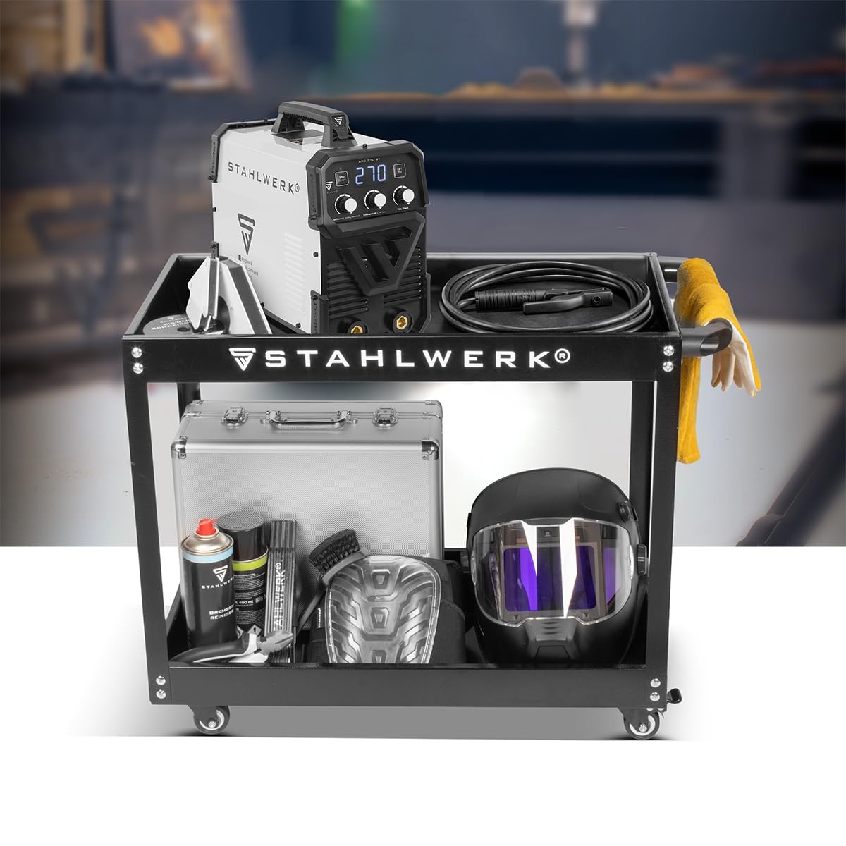 STAHLWERK Elektroden-Schweißgerät ARC-270 ST – Vollausstattung mit Gerätewagen – MMA (E-Hand) bis 270 A, Schweißen ohne Schutzgas, Lift-TIG Inverter 400 V, Smartkühlung & Temperatursteuerung