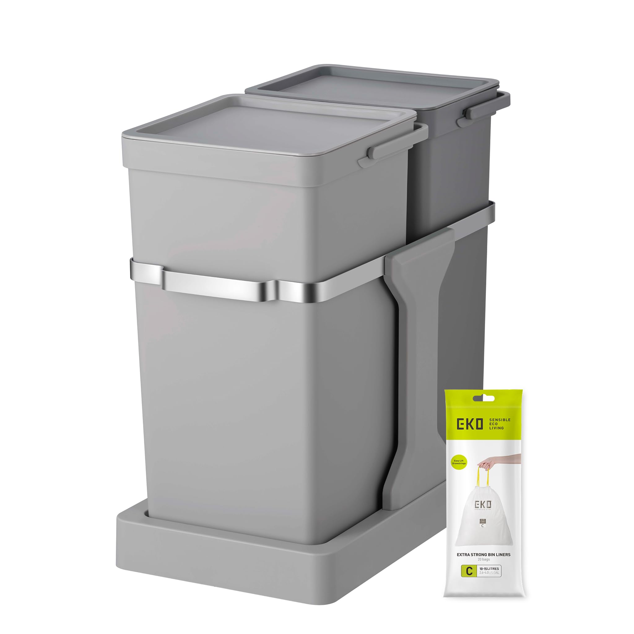 EKO Deco Duo Pull-Out Kitchen Recycling Bin for Cabinet, 35L (20 + 15 L) Dual Compartments, Built-In Under Sink Waste Bin with Smooth, Quiet Sliding Rails and Integrated Handles, Grey