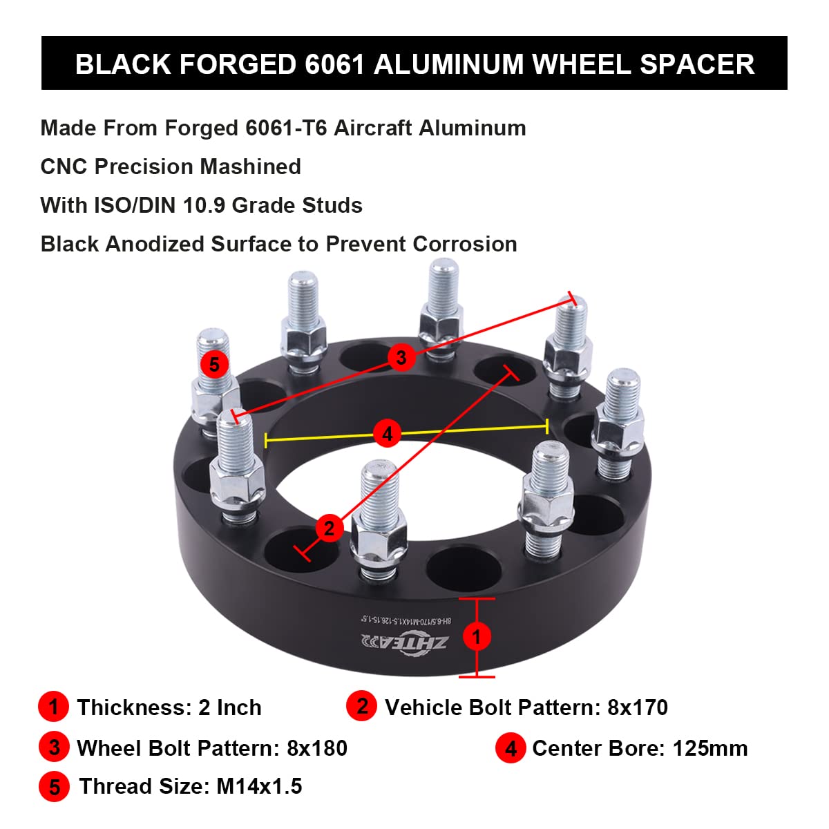 ZHTEAPR 2 Inch 8x170 to 8x180 Wheel Adapters with 14x1.5 Studs