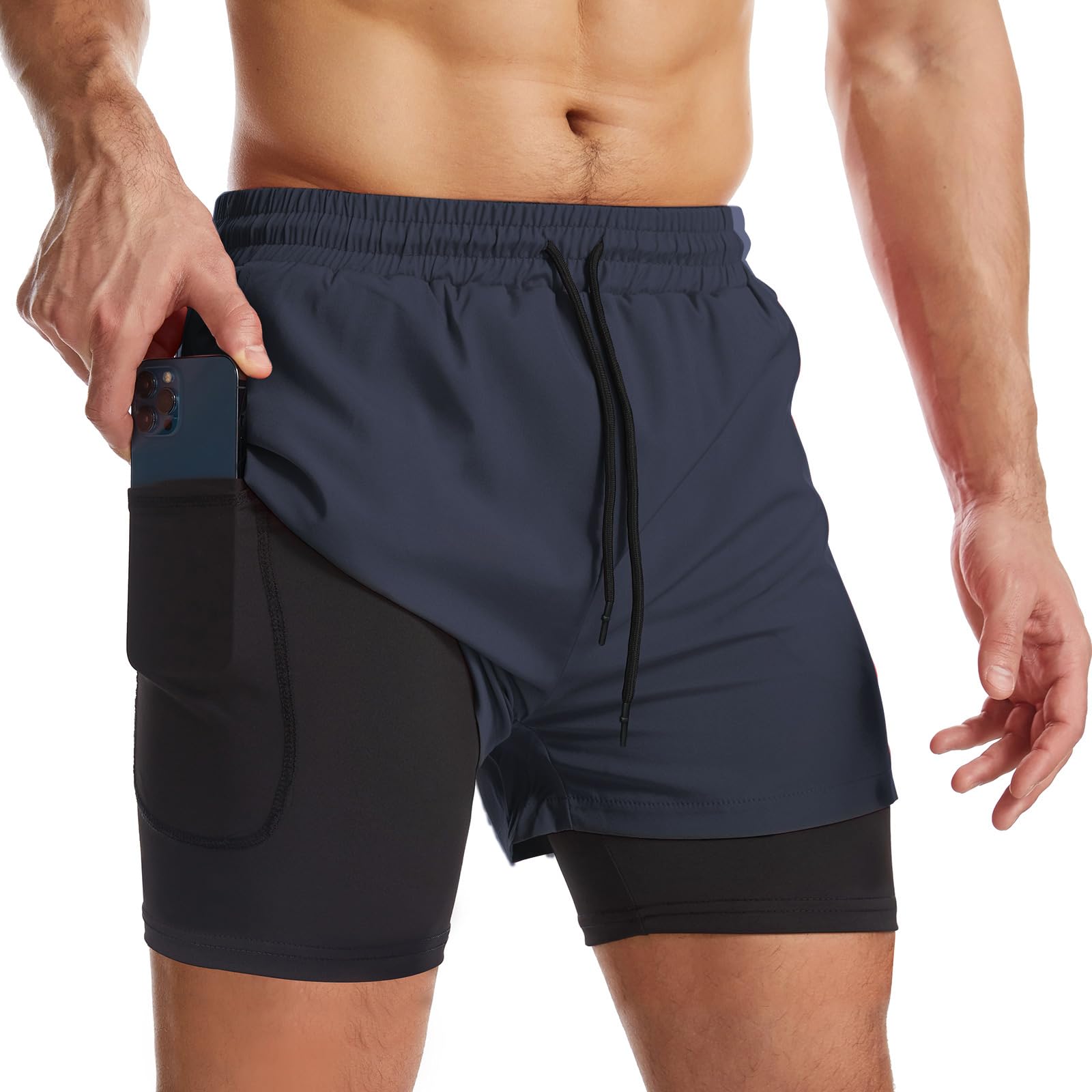 Surenow Mens 2 in 1 Running Shorts Quick Dry Athletic Shorts with Liner, Workout Shorts with Zip Pockets and Towel Loop