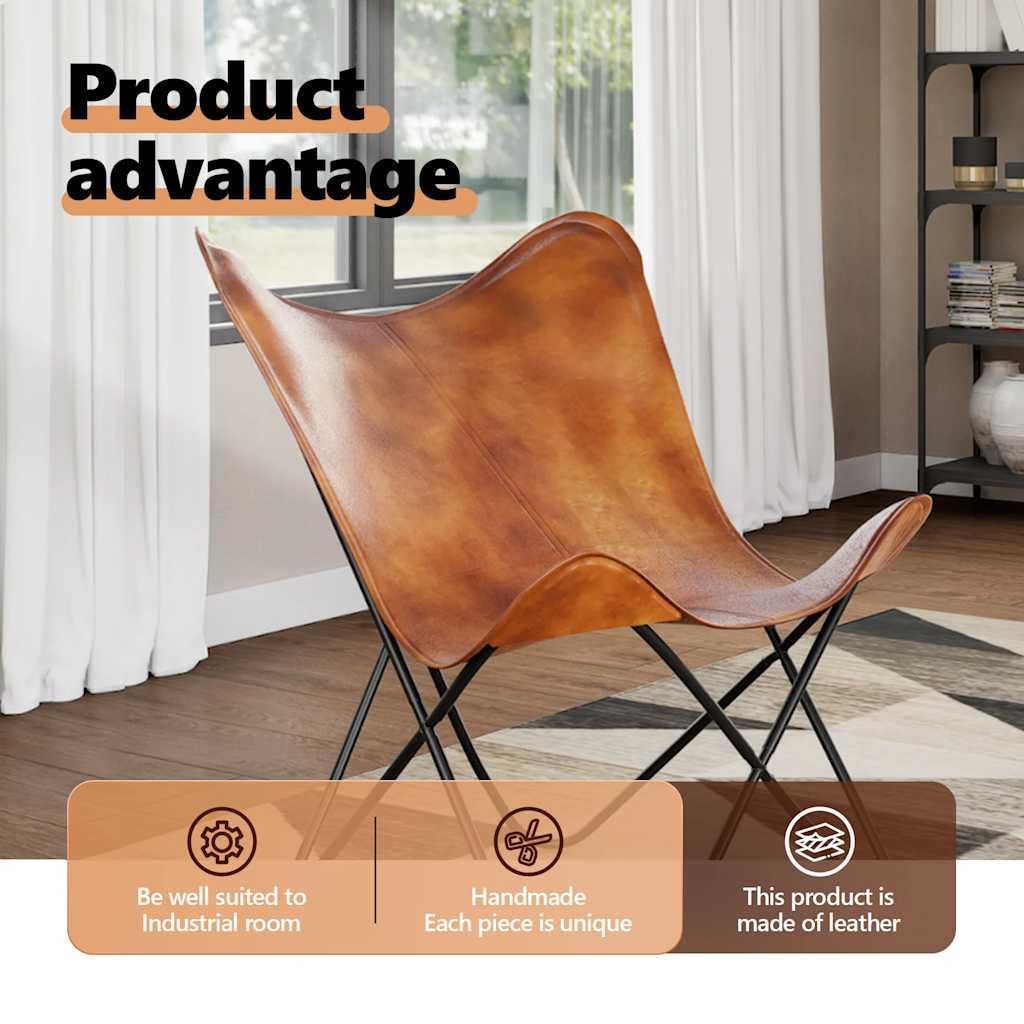 vidaXL Chaise Papillon Cuir Véritable Marron Fauteuil Salon Chambre Maison