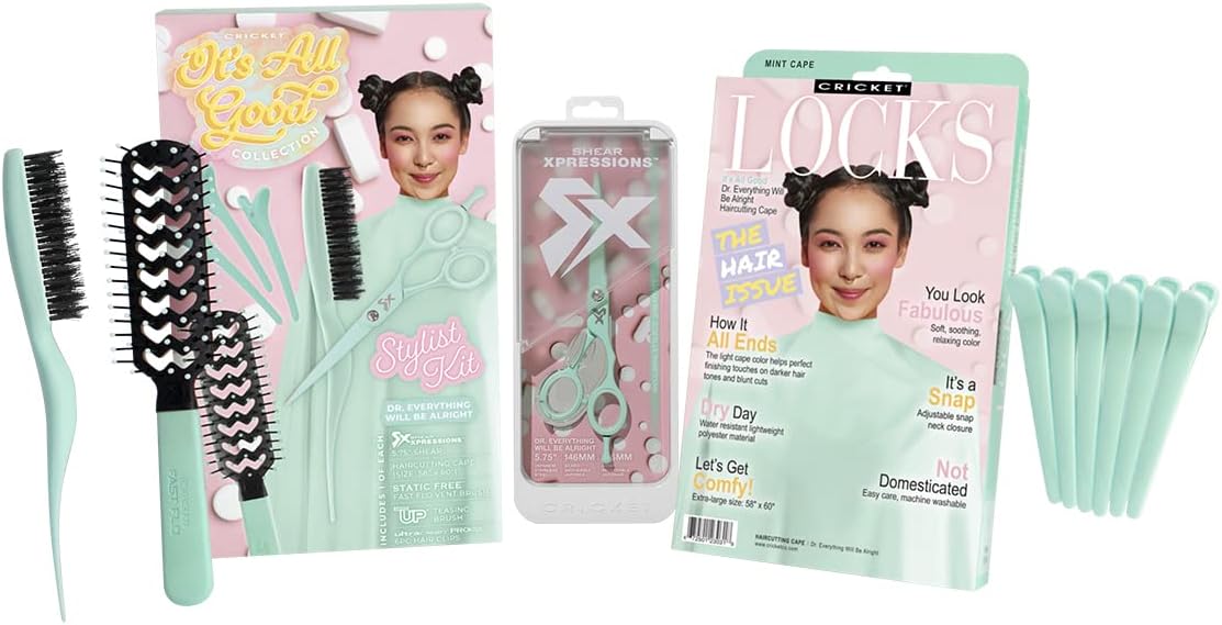 Cricket It’s All Good Stylist Tools Kit - Professional Salon Haircutting Scissors, Hair Cape, Static Free Vent Hairbrush, Teasing Brush, and Hair Clips Set, Dr. Everything Will Be Alright, Mint