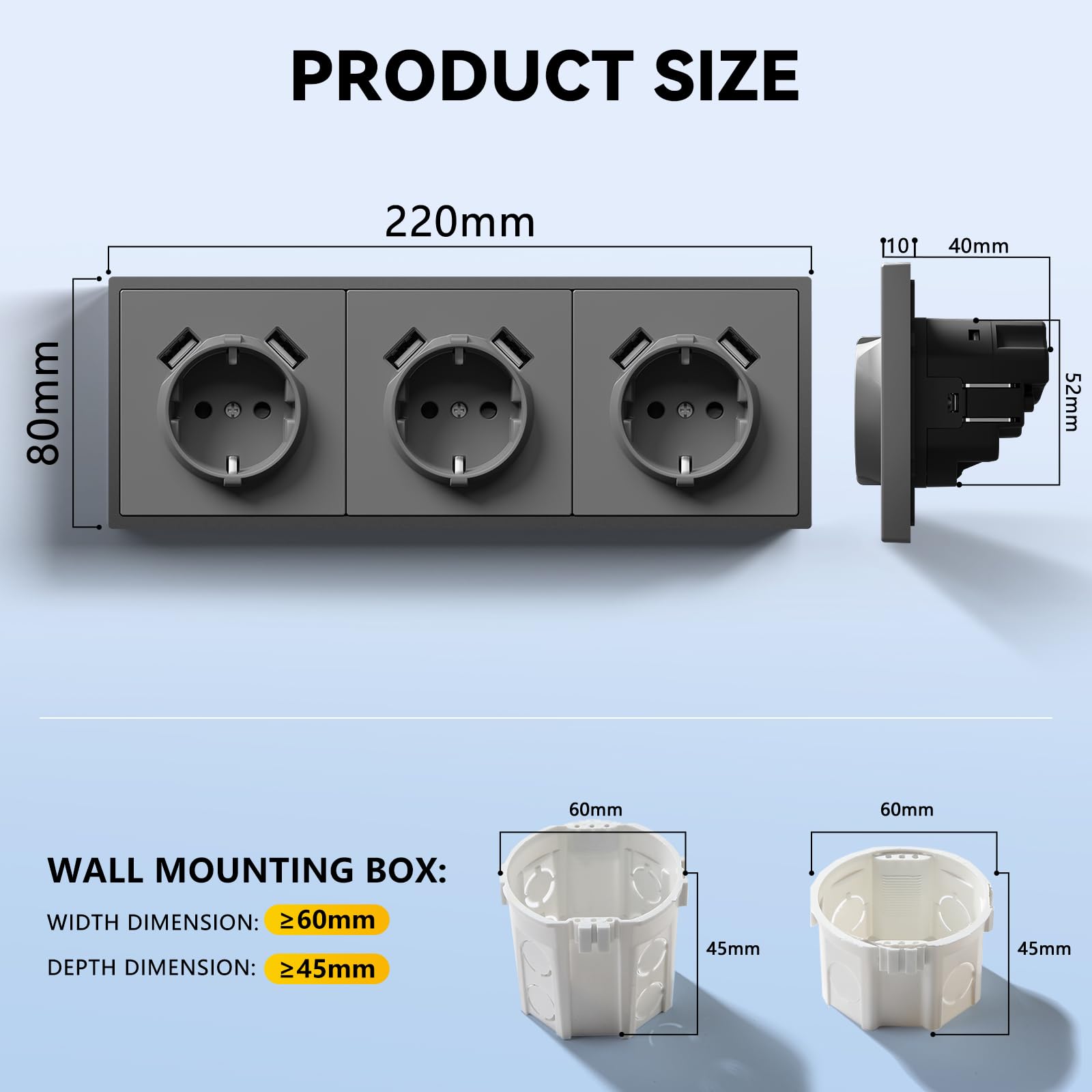 BSEED LIFE gniazdko wtykowe z zestykiem ochronnym z wejściem USB podtynkowe standardowe gniazdo ścienne 16 A z ramą PC, 80 x 220 mm, gniazdo incelne z pazurami, łatwa instalacja, potrójne, szare