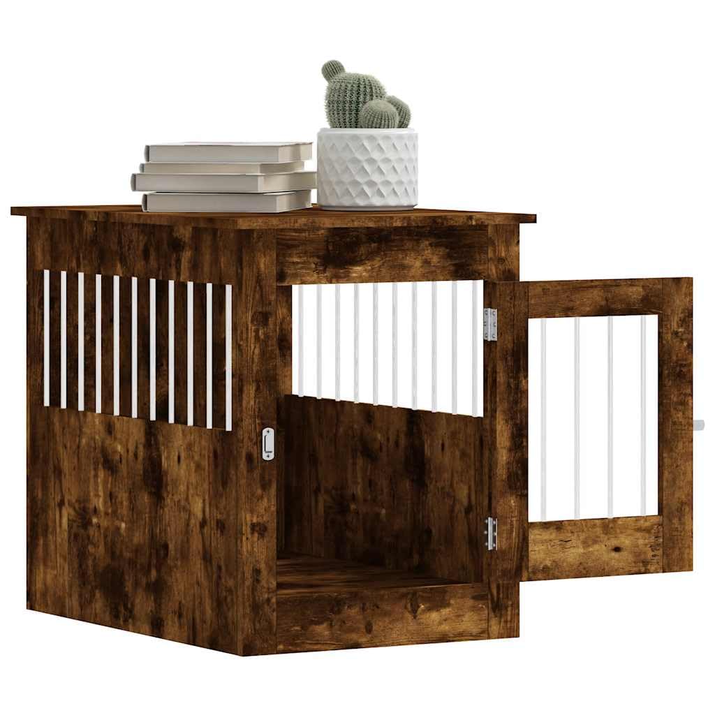 Hundekäfig Möbelstil Räuchereiche 55x80x68 cm Holzwerkstoff mit Stahl, abschließbare Tür, Belüftung, Indoor Outdoor Hundehütte als Rückzugsort und Beistelltisch für Hunde bis 50 kg