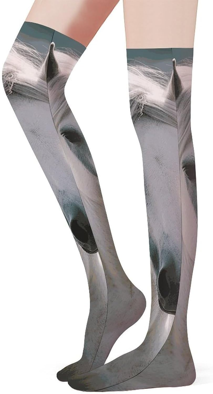 White Horses Knee High Stockings for Women 23.6" Breathable Thigh High Stockings Over The Knee Socks