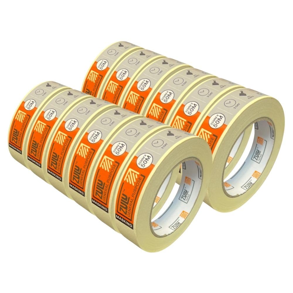 Zulu Premium Masking Tape for Painters 25mm x 50m - Multi Surface Indoor Adhesive Painters Tape - DIY Decorating Rennovation Crafts Arts | (12 Pack)