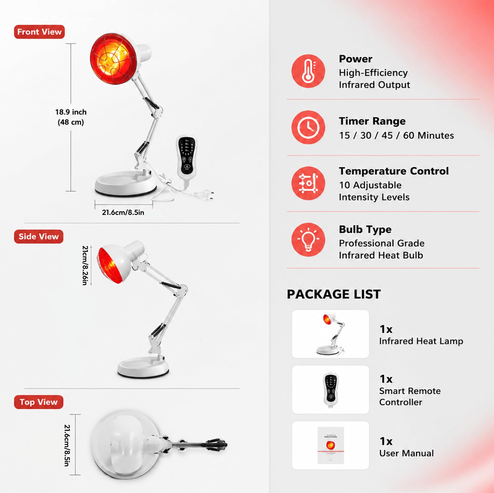 Infrarotlampe, Rotlichtlampe, 150W Infrarotlichtlampe Wärmelampe, Infrarot Hitze Lampe, 10 Stufen Temperatur Einstellbar mit Timer, Tragbarer Heimgebrauch mit Infrarotlicht, fur Schmerzlinderung