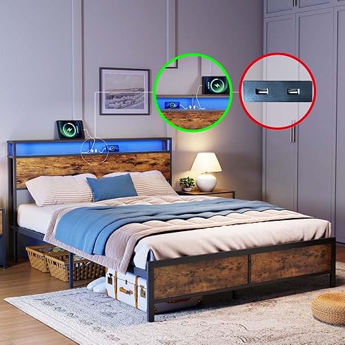 Miniatura 3 de Anwick Base de cama industrial tamaño matrimonial con cabecera de luz LED, plataforma de metal con estación de carga USB, almacenamiento debajo de
