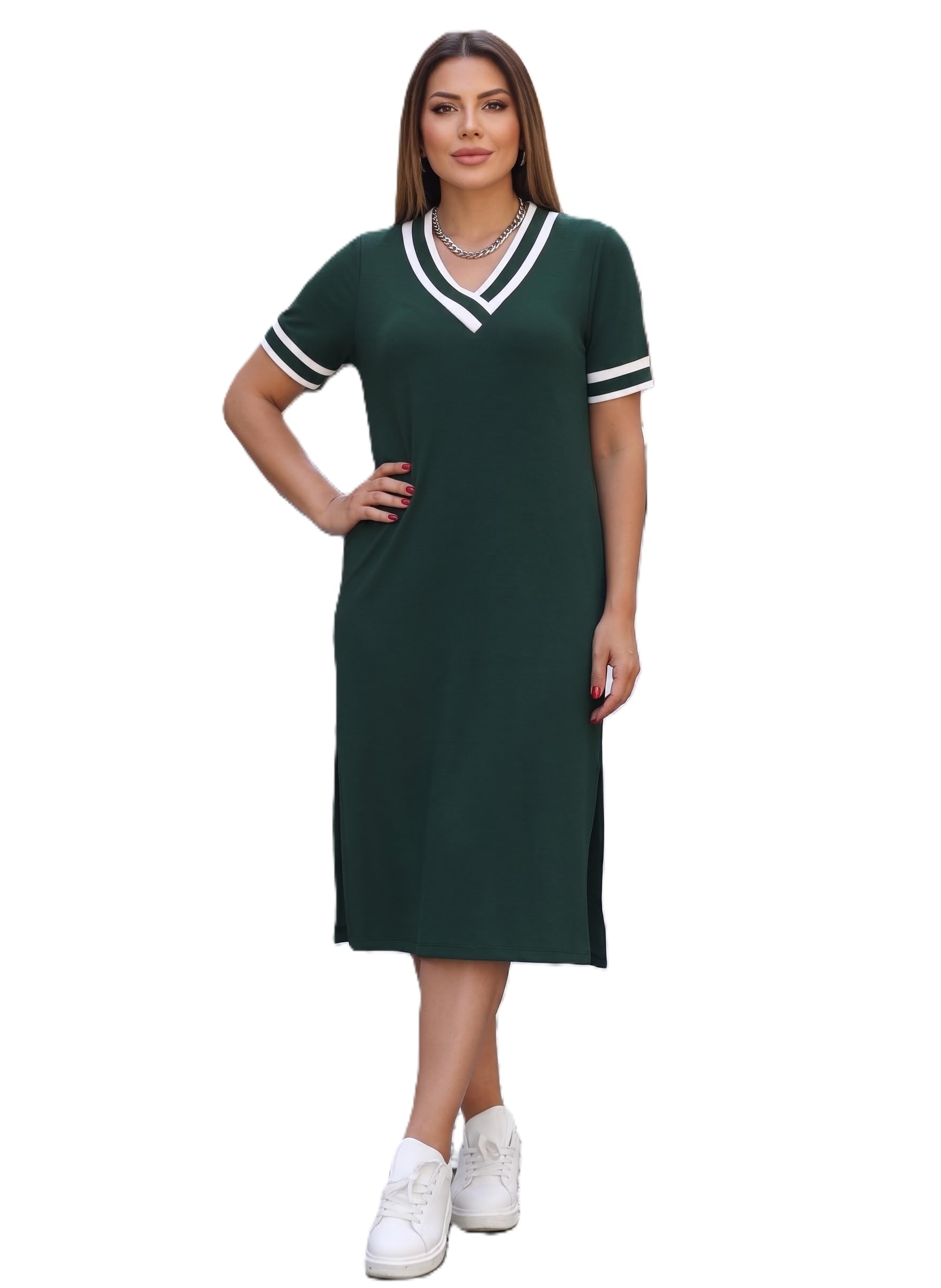 Women's V-Neck Sporty T-Shirt Dress | Stylish Striped Sleeve One Piece for Women | Casual Summer Knee Length Short Dress | Trendy Beach & Resort Wear Western Dress (26 D-1-3)-picture-45