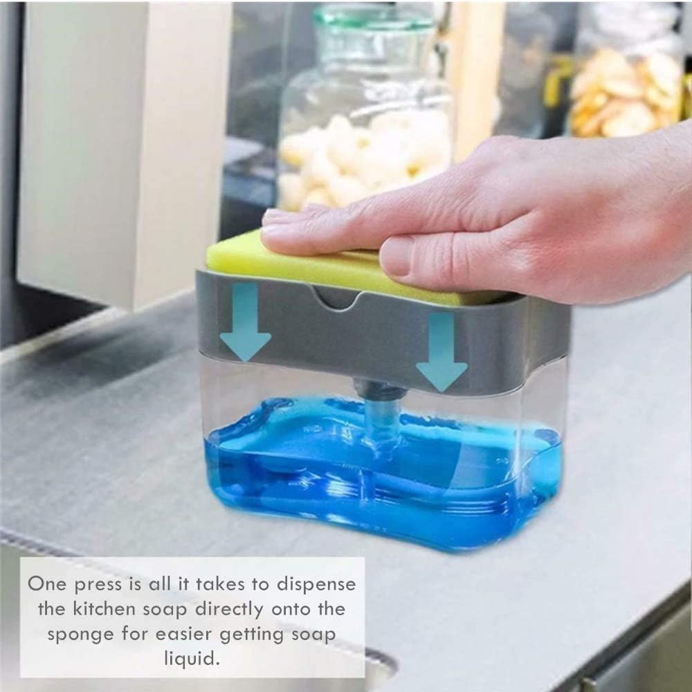 CAM2 Kitchen Soap Dispenser with Sponge Holder, 2-in-1 Dish Soap Dispenser with Sponge Caddy, Dustproof Refillable Countertop Sink Soap Dispenser, Light Grey