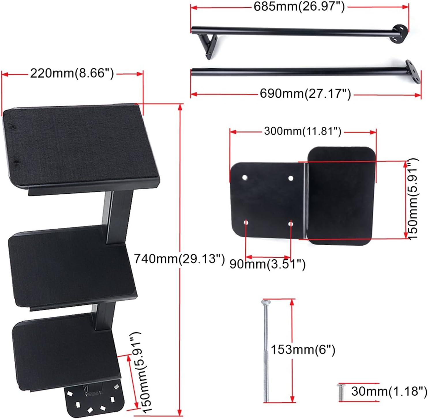 Boat Trailer Steps with Safety Handle Non-Slip Surface 4 Boat Steps for Boat Trailer Tongue Heavy Duty Steel Black Powder Coated 450 LBS Capacity Universal Fit Bass Boat, Pontoon Boat, Hunting Boat