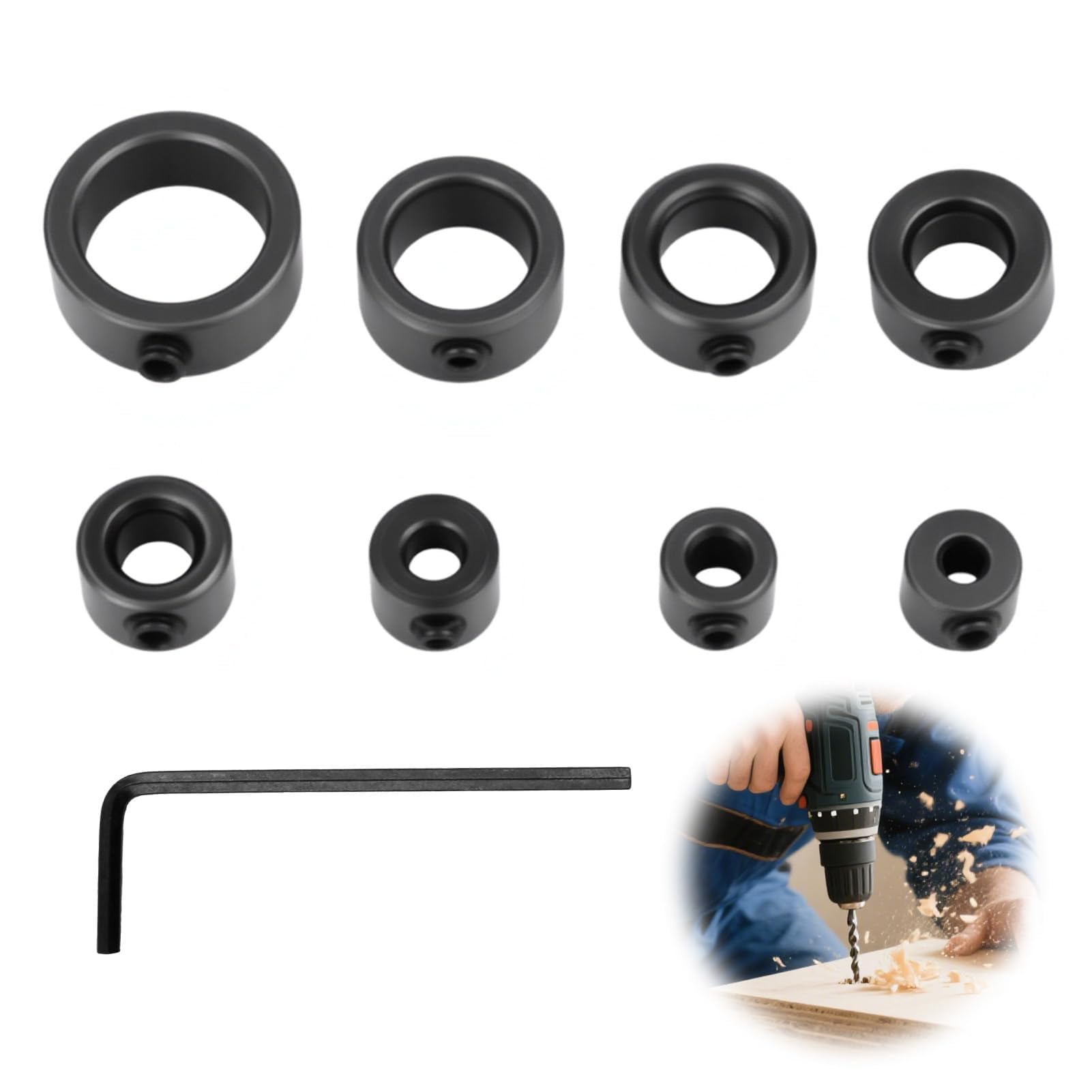 Arresto di profondità per profondità del trapano, 8 pezzi con chiave a brugola da 3 a 16 mm, limitatore di profondità per trapano, anello di bloccaggio per la lavorazione del legno, montaggio di