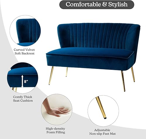 Miniatura 4 de TINA'S HOME Sofá biplaza contemporáneo de terciopelo, sofá biplaza tapizado con patas de metal dorado, pequeño sofá copetudo de 2 asientos sin