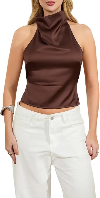 Women Y2K Sleeveless Halter Neck Satin Top Open Back Mock Neck V Neck Cami Blouse Beach Party Going Out Streetwear