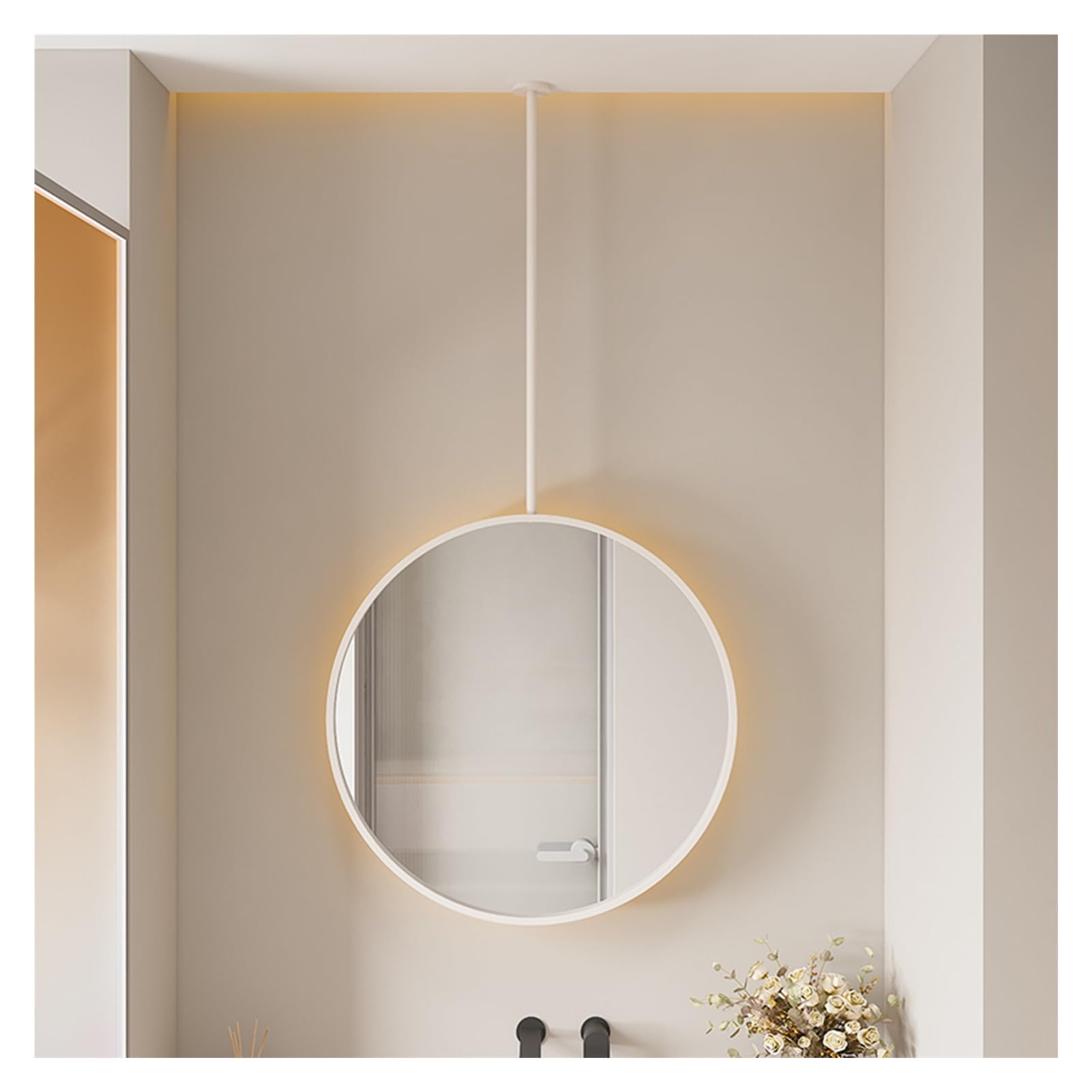 BKSXSOP Illuminated Oval Backlight Mirror - Wall Mounted & Suspended, Customizable Hanging Rod, Touch Button Control, 70cm White Ceiling Fixture for Modern Bathrooms and Bedrooms