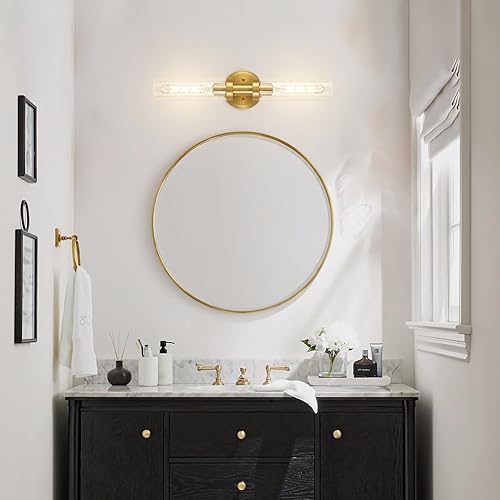 Miniatura 7 de Lámpara de tocador de baño de oro cepillado, lámpara de pared moderna de 2 luces con vidrio transparente, lámpara de montaje en pared de latón para