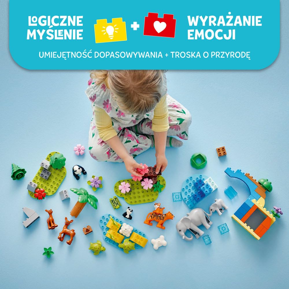 LEGO DUPLO Rodziny dzikich zwierząt 3 w 1 10446 | dzikie zwierzęta 3 w 1, klocki dla 2-latka, prezent dla dziewczynki i chłopca 2+, 92 elementy
