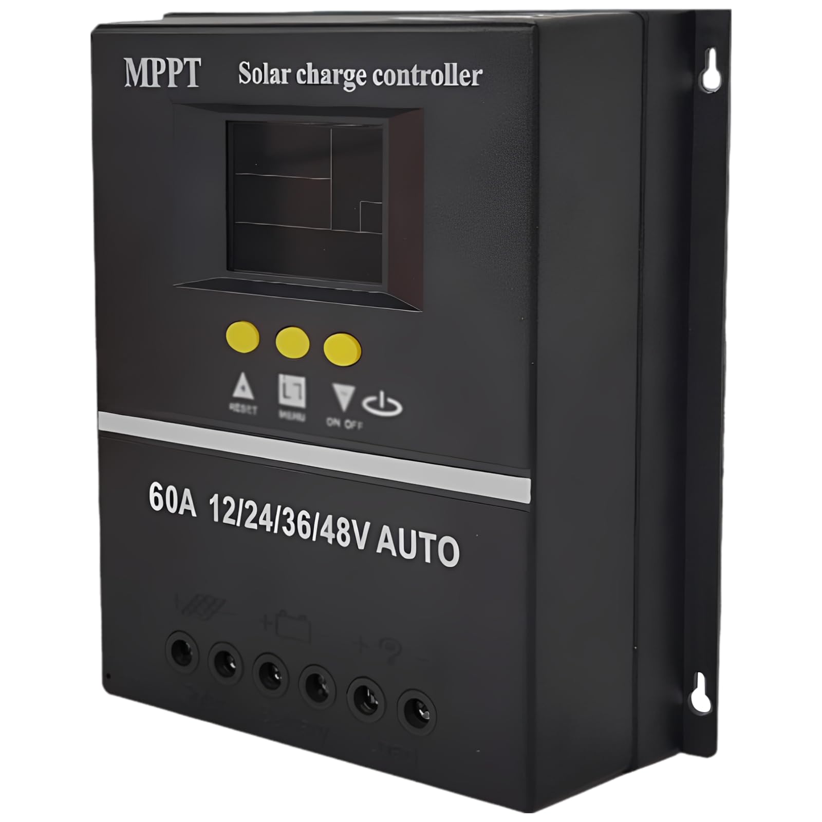 Regolatore di carica solare Maximum Power Point Tracking 60 A, auto 12 V 24 V 36 V 48 V, display LCD, diverse funzioni di protezione, alloggiamento in metallo nero, regolatore compatto 19,5 x 18,2 x
