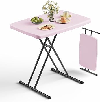 Folding Table 30 Inch - Small Desk Adjustable Height TV Tray for Laptop, Couch, Camping - Heavy Duty Utility Foldable Table for Small Spaces, No Assembly Required, Granite Pink