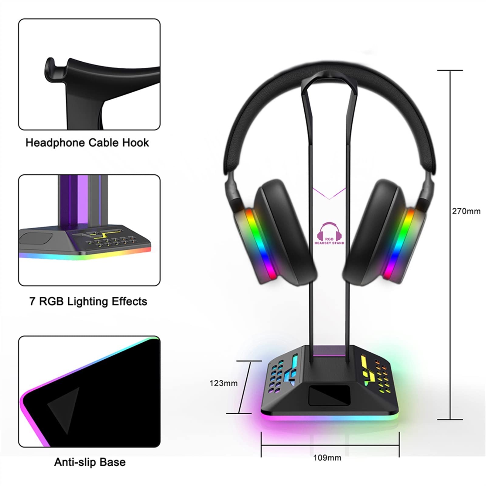 Supporto per cuffie RGB con porta di ricarica USB, supporto per cuffie da gioco da scrivania con 7 modalità di illuminazione e base in gomma antiscivolo, adatto a tutti gli accessori per auricolari