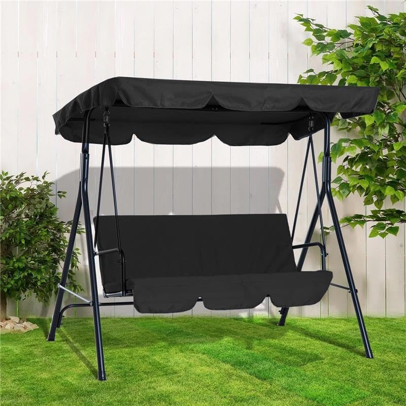 3 Seater Canopy Swing Chair - Garden Rocking Swinging Bench Heavy Duty Patio Metal Terrace Seat with Top Roof - Thick Padded Cushion | Waterproof Outdoor Garden | Sun Protection - Black
