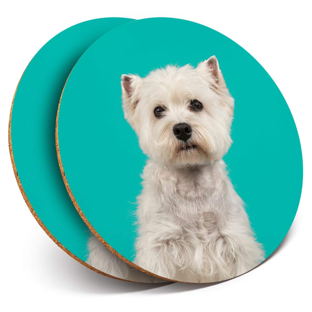 Destination Vinyl ltd 2 x MDF Glossy Top Coasters Round - Cute West Highland Terrier Dog Westie 24423