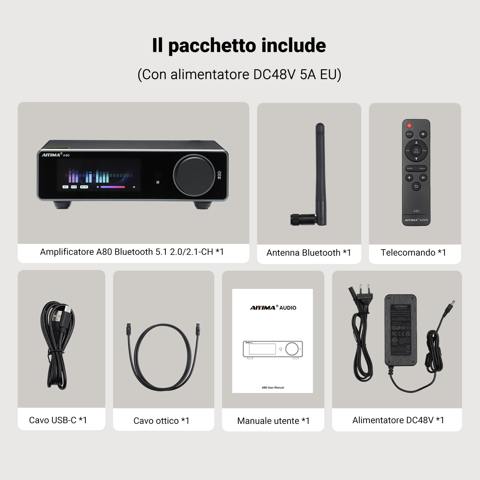 AIYIMA A80 Amplificatore di potenza DAC con PFFB TPA3255D2 Stereo HiFi 2.0 Canale Classe D Amplificatore Bluetooth 300Wx2 ESS9038Q2M Decoder con PC-USB Coassiale Ottico TRS Ingresso RCA