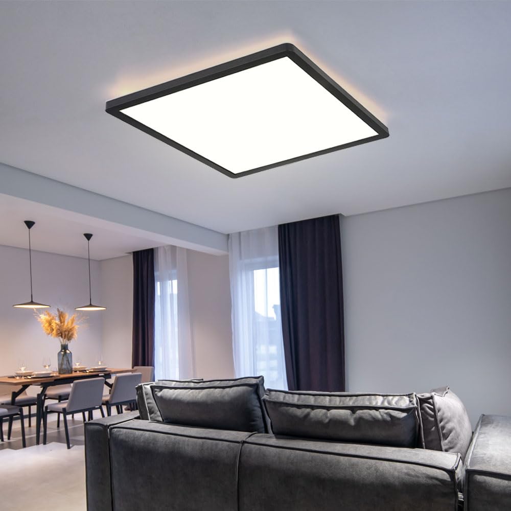 Badezimmer Lampe LED Deckenleuchte Deckenlampe IP44 LED Panel, dimmbar 3 Stufen über Wandschalter, Backlight, schwarz, 24W 2300Lm warmweiß, LxH 42x2,5 cm