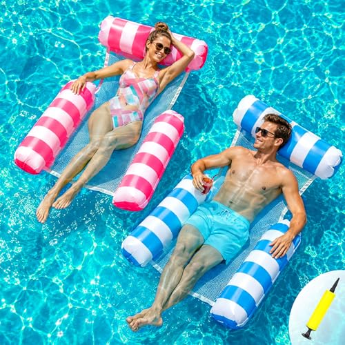 Inflatable Pool Chair 2 Pack Inflatable Pool Floats Adult 4 IN 1 Swimming Floating Lounge Chairs Water Hammock Inflatable Chair for Summer Water Party Beach Pool Toys With Air Pump (Blue+Red)