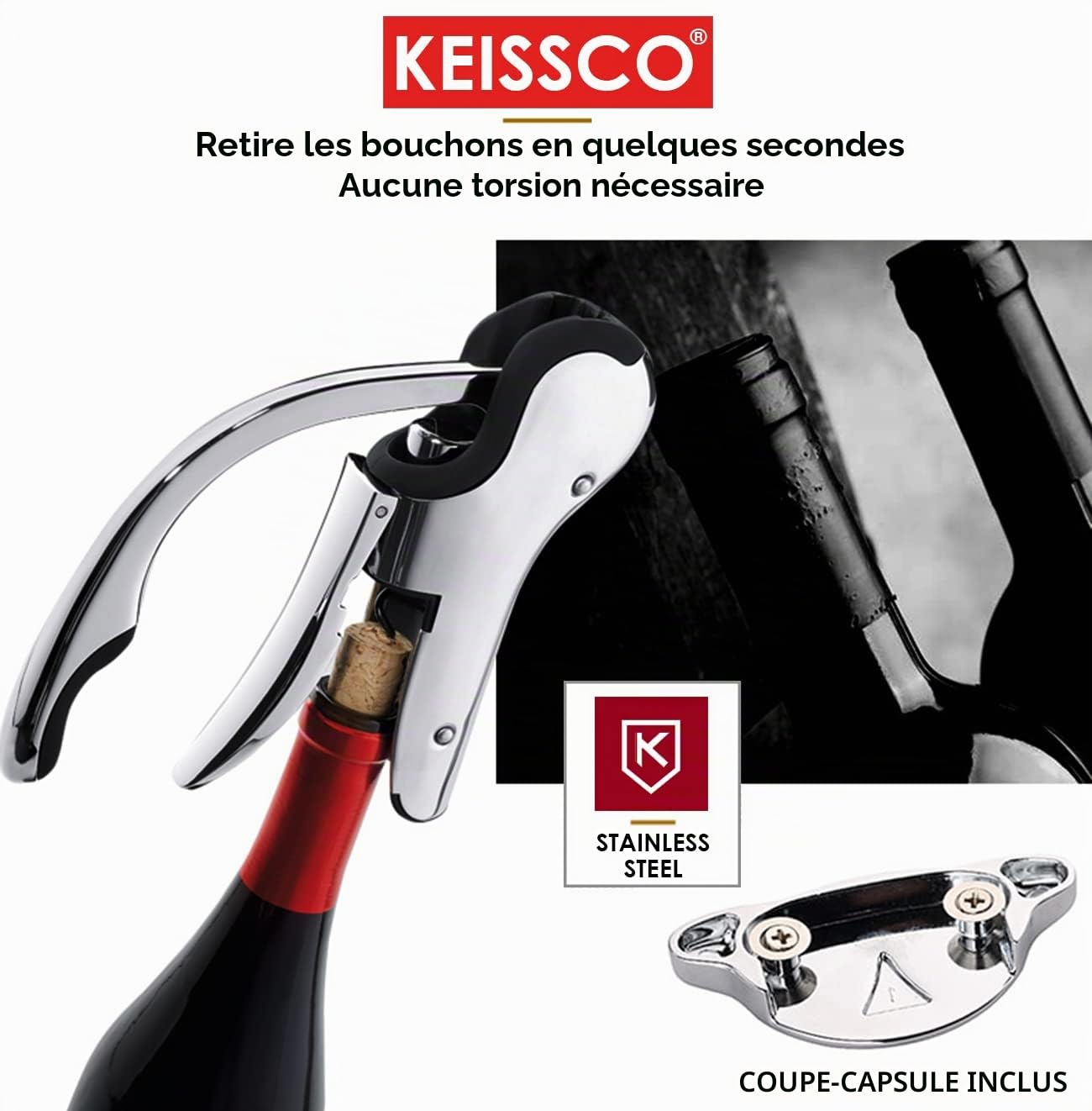 Keissco Tire-bouchon compact à levier vertical en acier inoxydable avec coupe-capsule