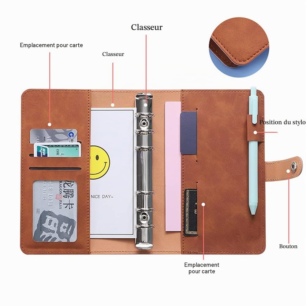 Carnet de Notes Rechargeable, Porte Documents Multifoncti, classeurs à feuilles A6, Portfolio en Pu Cuir, avec 12 Pochette à Glissière à Feuilles Mobiles, pour L'école de Bureau à Domicile (Marron)