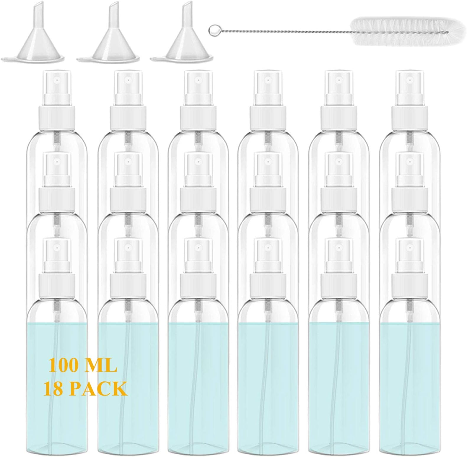 Spray Bottles 3.5oz/100ml 18Pcs Small Plastic Travel Size Spray Bottle Empty Mini Clear Spray Bottles Water Mist Alcohol Bottle Refillable Containers for cleaning solutions with 1 Brush,3 Funnels