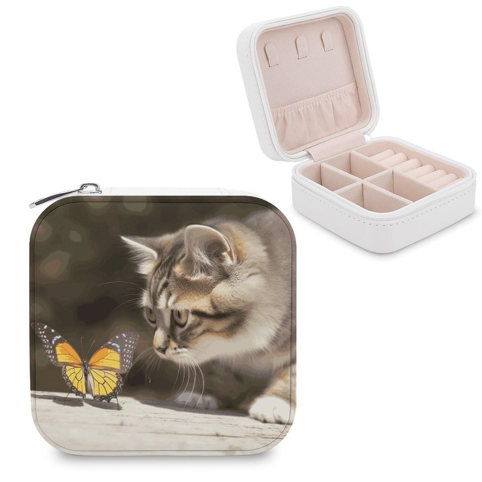 JTREHY Travel Cat And Butterfly Jewelry Case Portable Display Storage Box PU Leather Mini Jewelry Travel Case Personalized Travel Jewelry Organizer Small Jewelry Box for Women