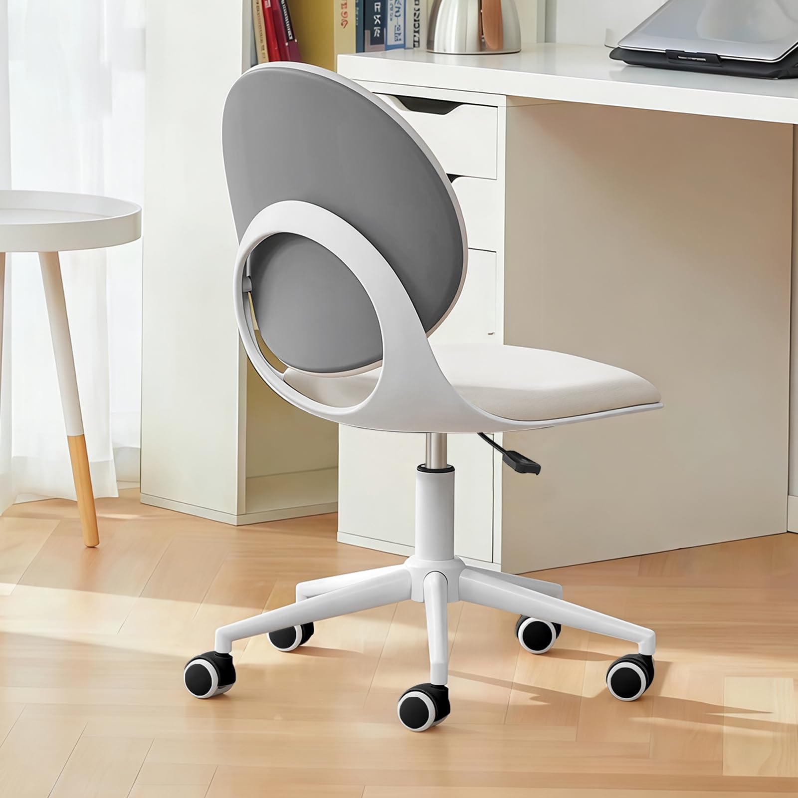 Silla De Oficina Moderna para El Hogar,Sin Brazos De Cuero PU con Respaldo Medio,Ergonómica Giratoria Y Regulable En Altura,para Oficina,Dormitorio,Maquillaje Y Estudio(Blanco)