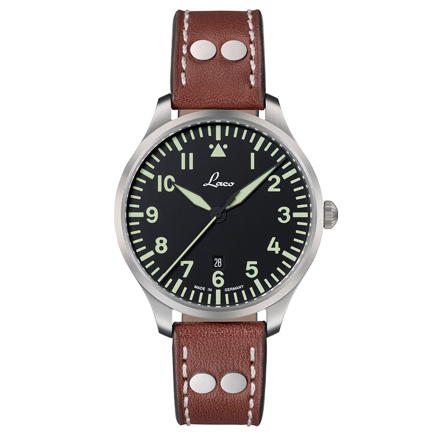Laco Fliegeruhr Genf.2.D 40 Made in Germany – 40 mm Ø hochwertige Quarzuhr mit Datumsanzeige – Baumuster A – Einzigartige Qualität. Herausragende Verarbeitung – Wasserdicht