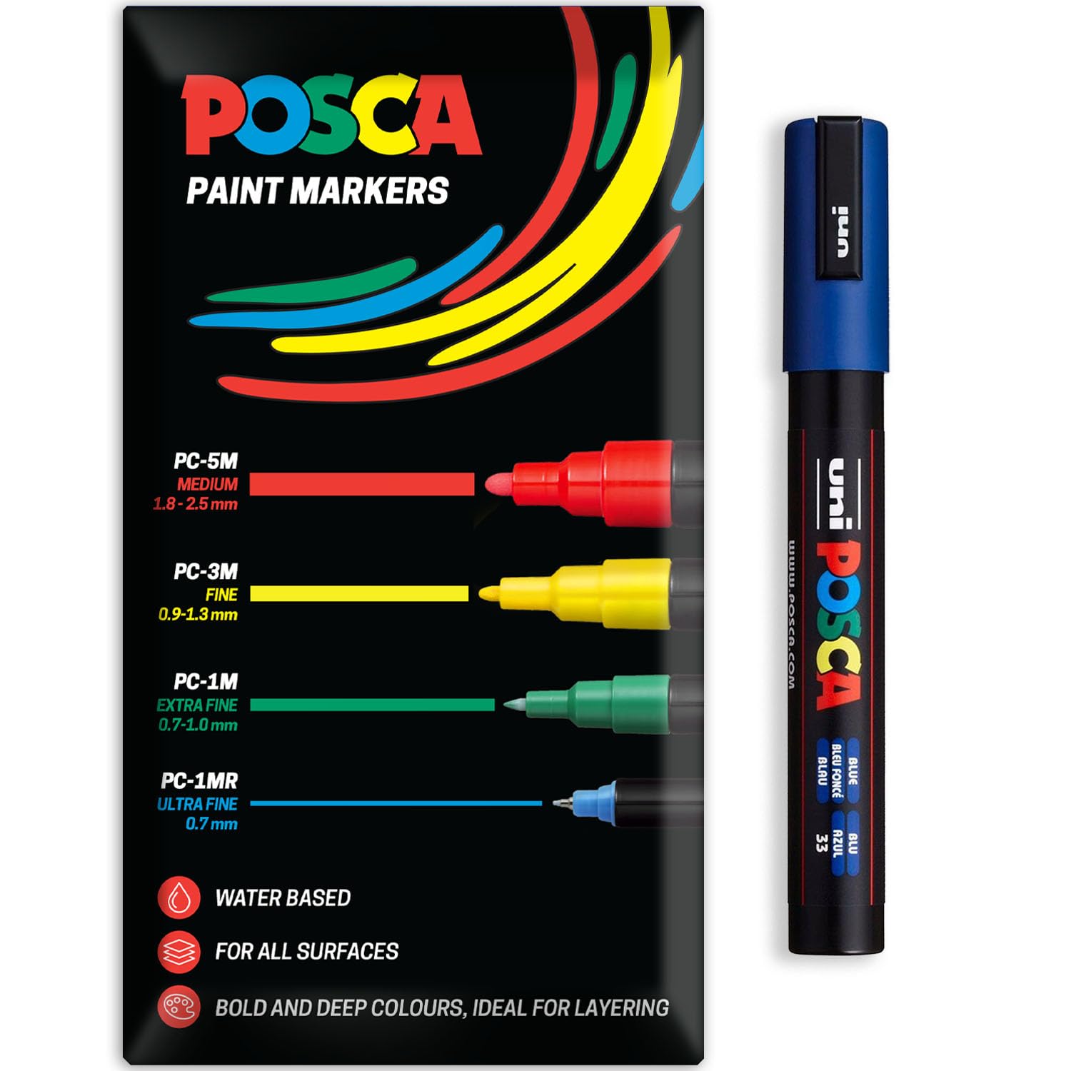 Posca Water Based Acrylic Paint Marker Pens | Multi Surface Use Permanent Paint Pen | Pack of 1 in Envelope Gift Packaging | Glass, Fabric, Canvas, Wood etc | PC-5M, Blue