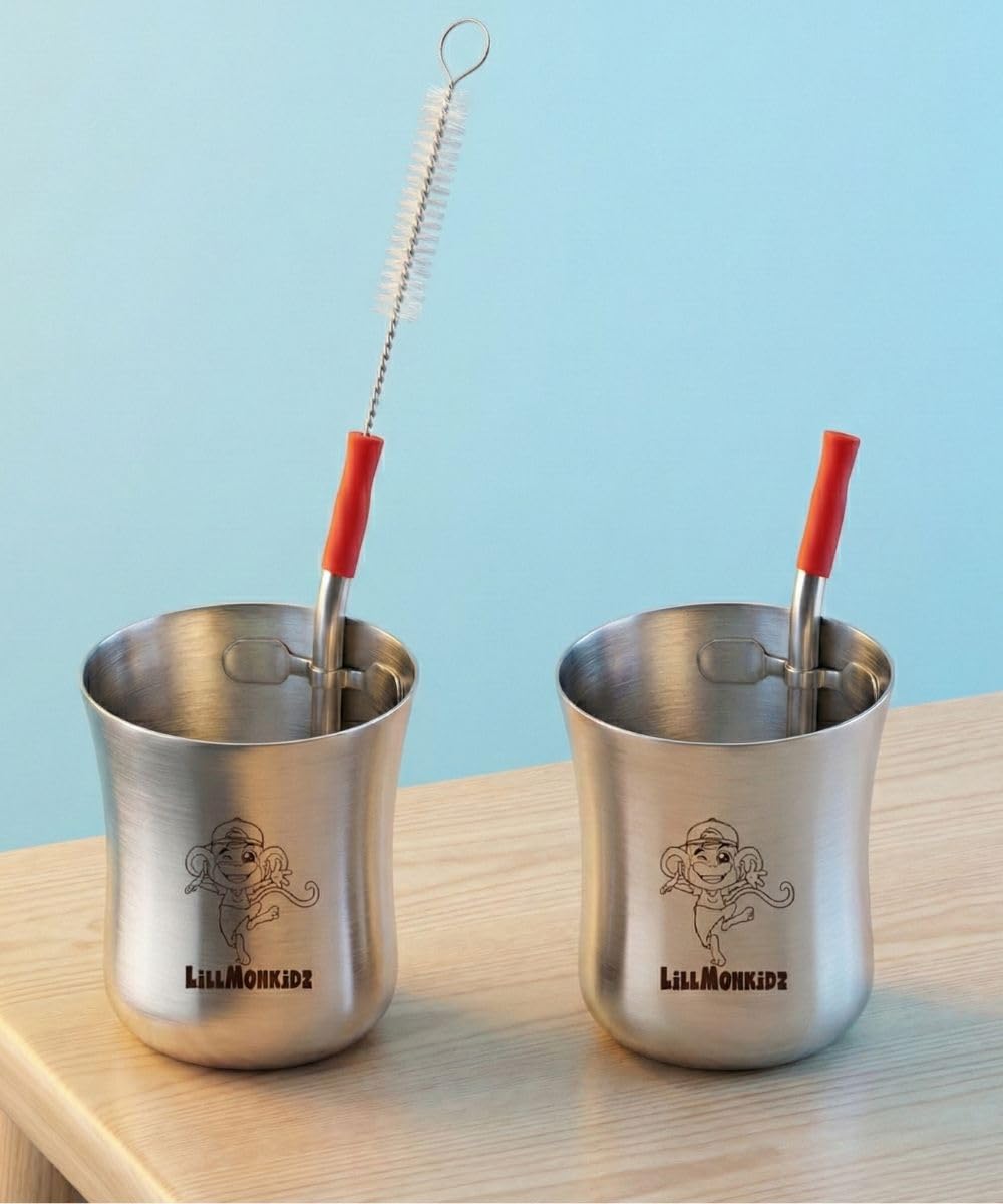 LiLLMONKiDZ Stainless Steel Glass for Kids | Small Glass Tumbler with Straw Cleaning Brush & Silicon - 150ml Set of 2 pcs-image-37