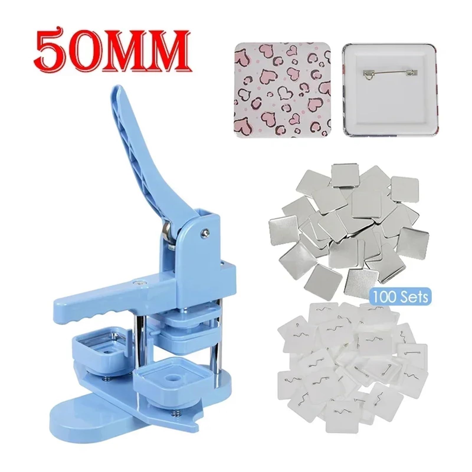 Maszyna do odznak, Przycisk Do Tworzenia Plakietek 50mm Kwadratowy Zestaw Maszynowy 100 Zestawów Części Obrotowa Prasa Ręczna DIY Rękodzieło DIY(50MM Blue Set)