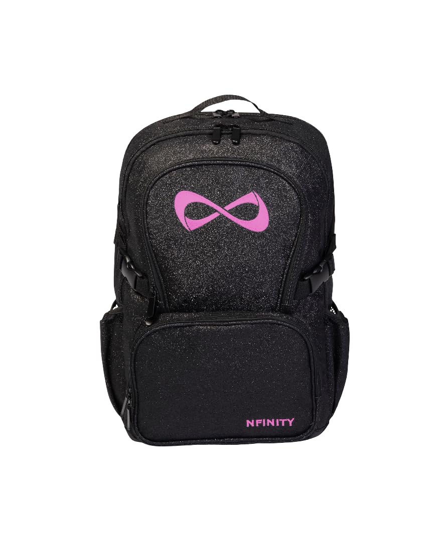 Nfinity Sparkle Backpack for Cheerleaders – Glitter Finish, Lightweight and Durable, with Ample Storage and Adjustable Straps, Black Sparkle/Pink Logo, 19cm x 48cm x 32cm (7.5in x 19in x 12.5in)