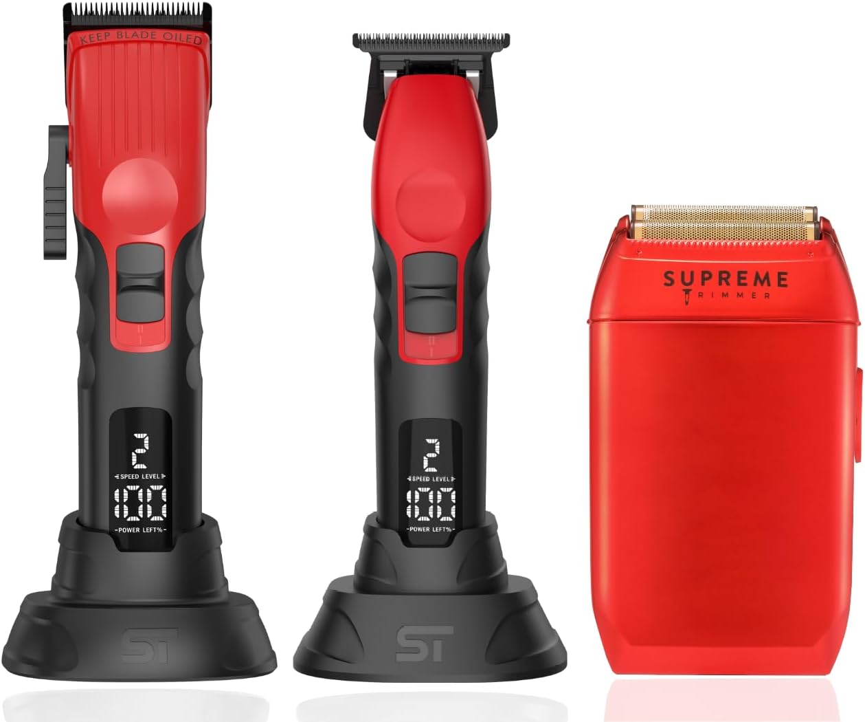 Supreme Trimmer 3-in-1 Barber Bundle | 2Spee Clipper, 2Spee Trimmer & Crunch Foil Shaver | Professional Beard Trimmer Men’s Hair Clipper Kit | Red
