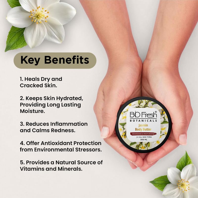 Image of BIOFRESH BOTANICALS Jasmine Body Butter - 200ml Hydrating Winter Cream for Dry & Cracked with Aloe, Murumuru Butter & Jasmine Extract Skin Anti-Aging Moisturizing Body Butter for Dry Skin (Pack of 2)