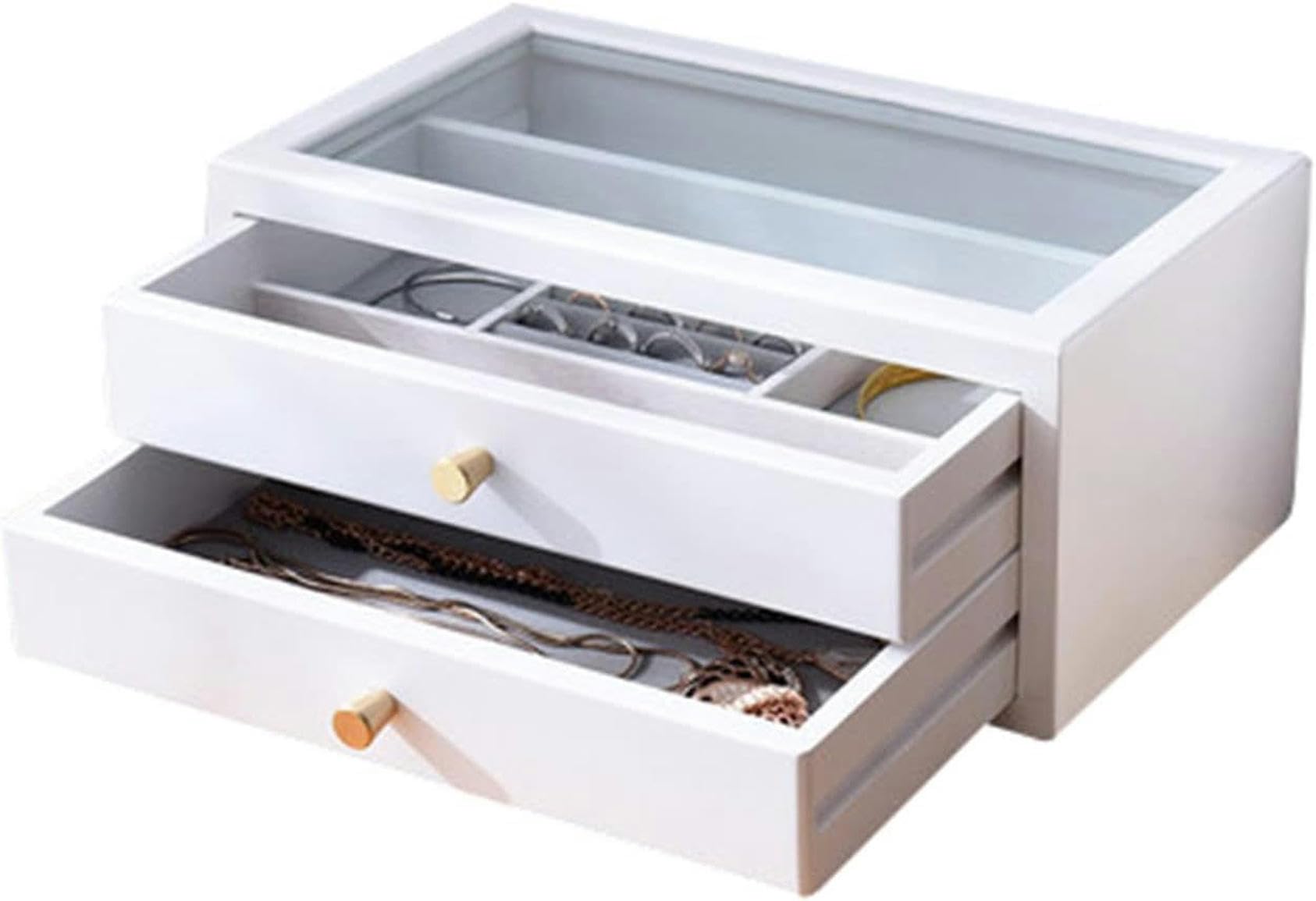 Boîte à bijoux en bois à 2 niveaux avec tiroir et couvercle en verre pour bagues