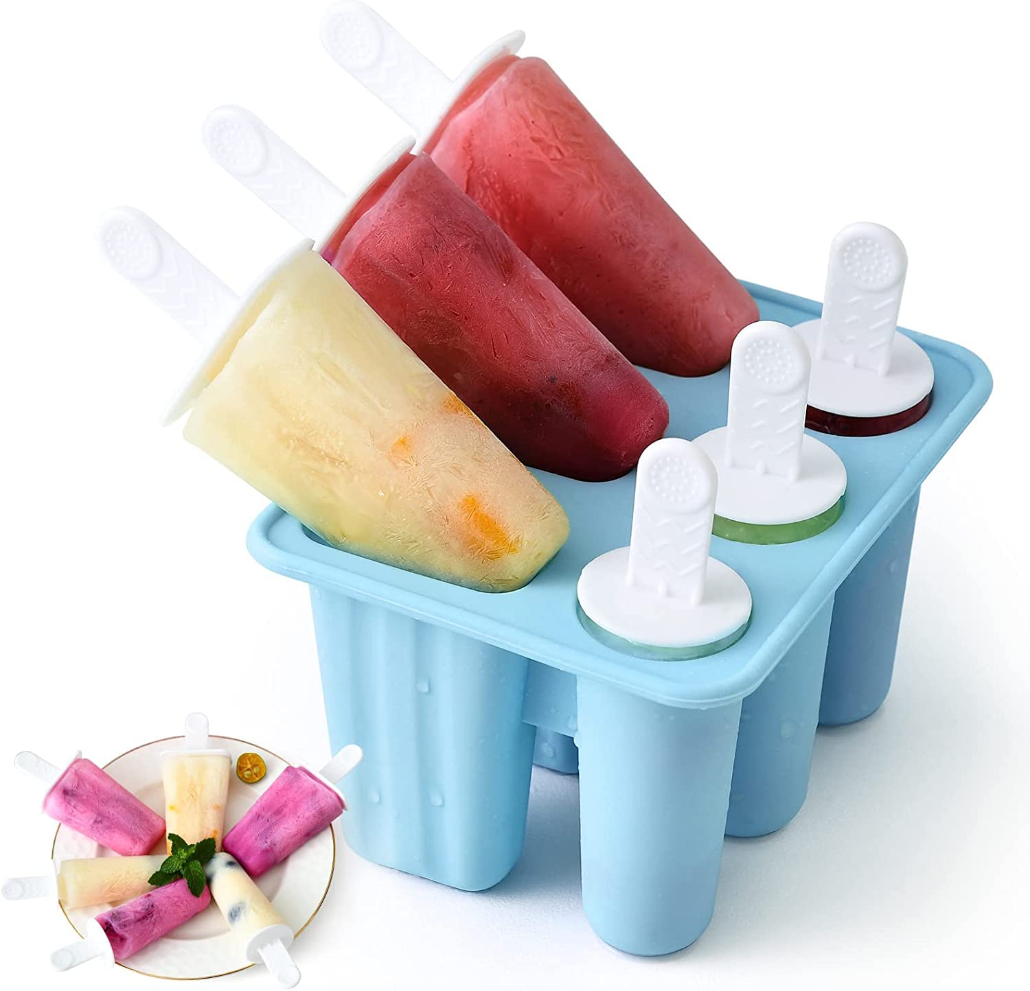 SYOSI Ice Lolly Moulds 2 Shapes Silicone Popsicle Molds, Ice Cream Mould with Sticks, Reusable Ice Pop Moulds BPA Free Ice Lolly Maker for Children Adults DIY Ice Popsicle Mold (Blue) 6 Cavity