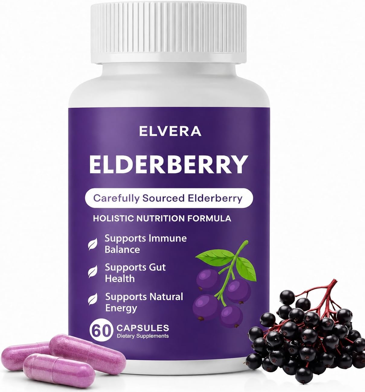 Elderberry - EIvera Gut Support Complex, 1200mg Elderberry Extract Capsules, with Zinc & Vitamin C for Digestive Balance, Immune Support (1)