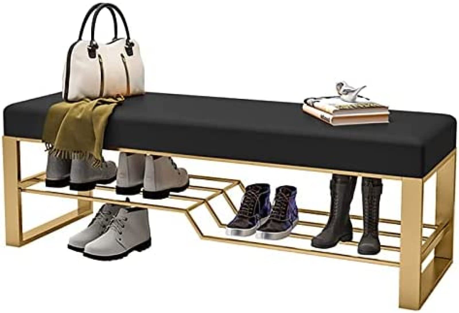Banc de rangement moderne de luxe noir de 100 cm avec étagère à chaussures en métal robuste