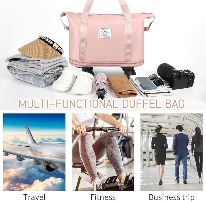 Image of TEKCOOL Duffel Trolley Bags for Travel,Luggage Bags for Travel,Rolling Duffle Bag with Wheels,Travel Bags for Luggage Trolley,Expandable Foldable Duffle Bag with Wheels - Peach'