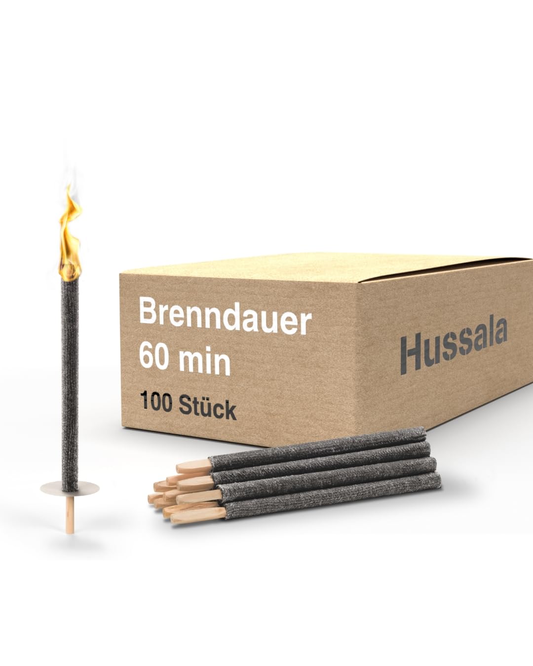 Hussala Diamond Wachsfackeln [100 Stück / 60 min] mit Holzstab und Tropschutz, Garten Fackeln aus Diamond-Wachs