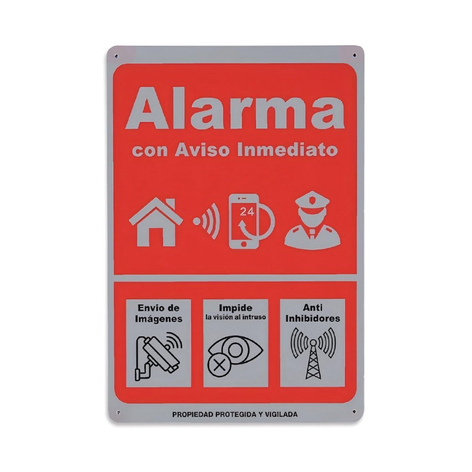 Spanish Alarma Con Aviso Inmediato Security Sign Vintage Aluminium Metal Sign, Retro Wall Decor for Home, Bar, Garage & Farmhouse 30x20cm